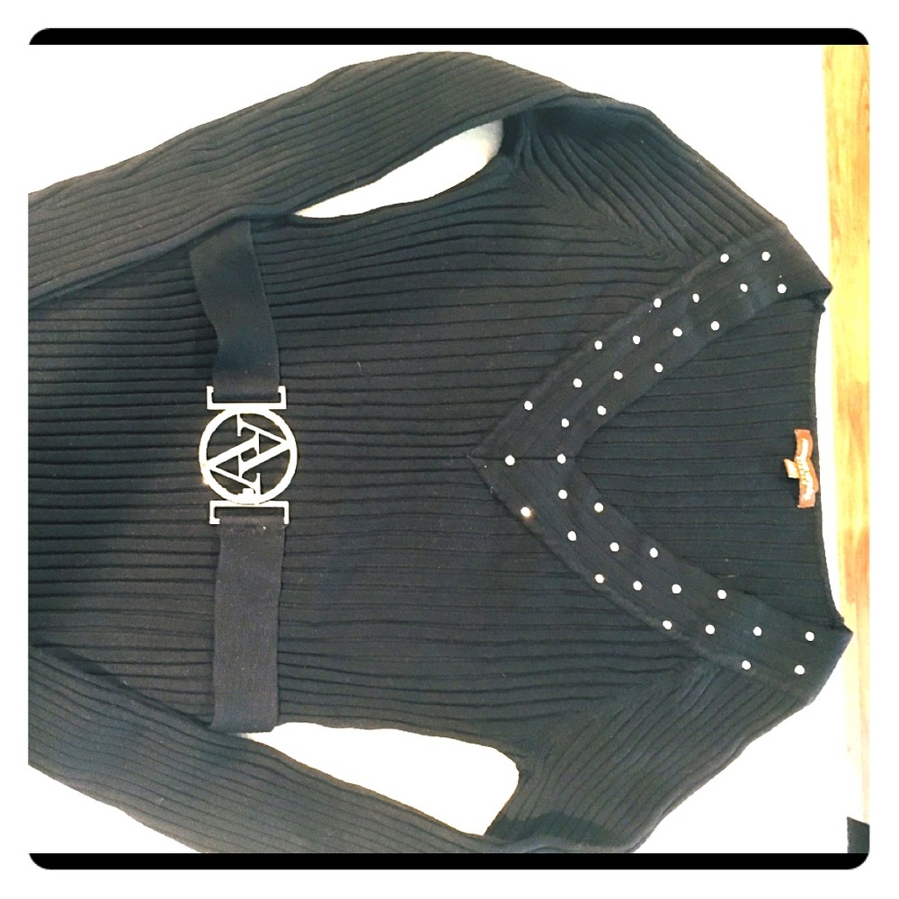 Adrienne Vittadini Black Rib V Neck Sweater